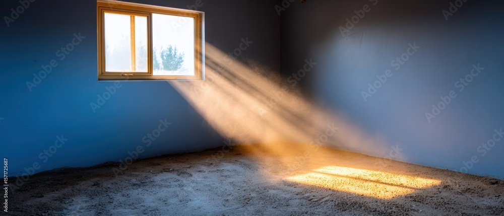 Aufkleber bright sunlight streaming through a small window illuminating an empty dark room with visible dirt a