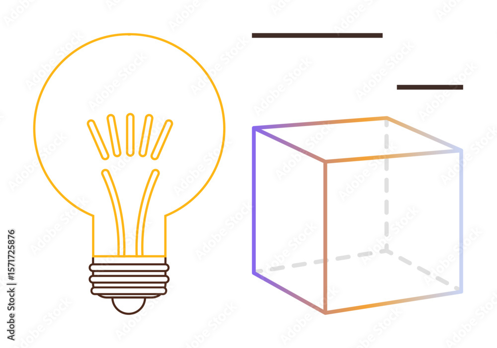 Poster outline of a glowing lightbulb and a hollow, transparent 3d cube with gradient lines. ideal for inno