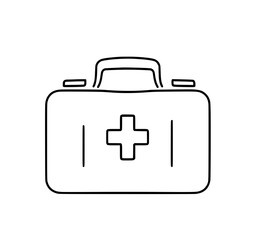 Obraz premium First Aid Kit Line Art: A simple black and white line art illustration of a classic first aid kit, featuring a prominent cross symbol and a sturdy handle, ideal for medical or safety designs.