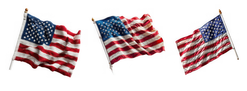 Three weathered american flags are shown waving majestically, their colors rich with history and symbolism isolated on transparent background