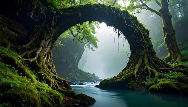 River Flowing Under Natural Tree Archway in Lush Forest