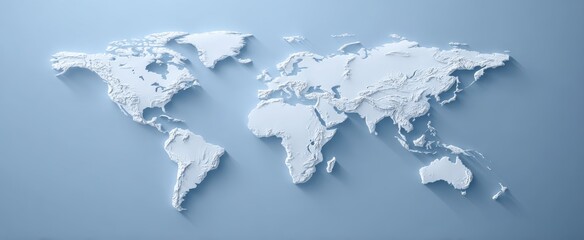 The 3D Relief Map of the World Against a Soft Blue Background