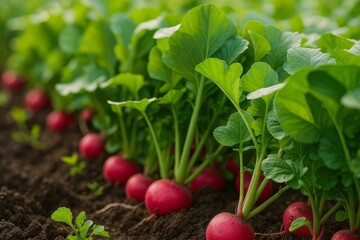 Lush green leaves of radish plants thriving in rich, fertile soil, signaling a promising harvest of vibrant red radishes under the warm embrace of a sunny day