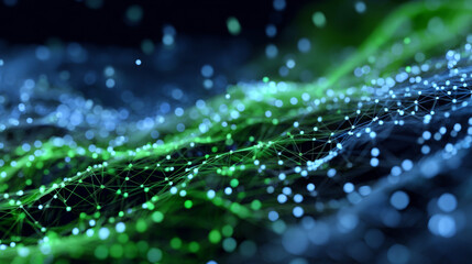 Digital technology speed connect blue green background, cyber nano information, abstract communication, innovation future tech data, internet network connection, Ai big data, line dot illustration 3d