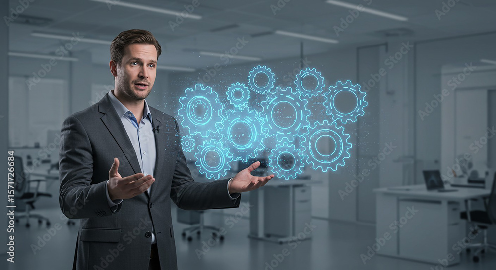Poster man presenting holographic gears in office setting with open hands and suit jacket on display