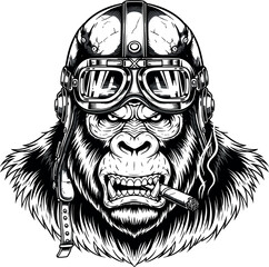 Fierce gorilla head in a vintage biker helmet and goggles smoking a cigar, black and white vector illustration.