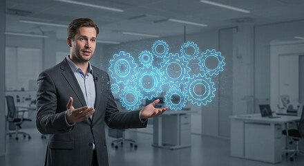 Man presenting holographic gears in office setting with open hands and suit jacket on display