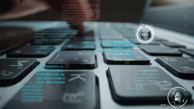 Time lapse of man working on laptop computer keyboard with graphic user interface GUI hologram showing big data science technology, digital network connection and computer programming algorithm. Glean