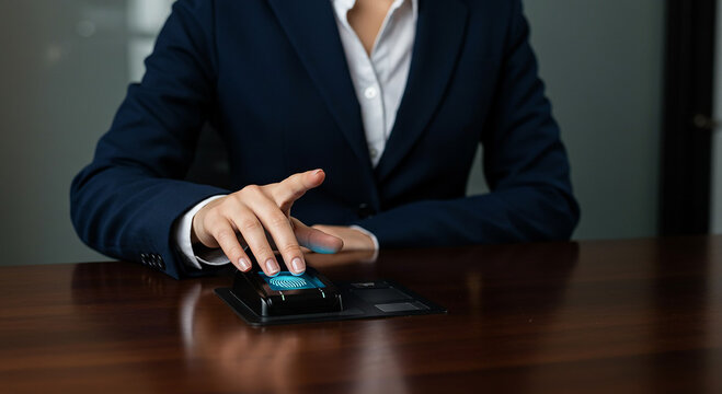 Person in business attire uses fingerprint scanner on a wooden desk for secure authentication process