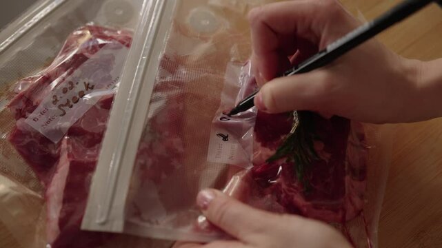 Professional chef marking vacuum-sealed bag with seasoned beef steak, labeling details before sous vide cooking or long-term freezer storage. Concept of efficient food preservation and storage.