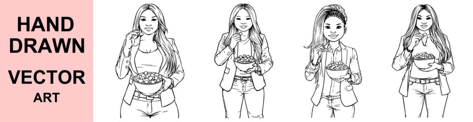 Hand drawn woman eating popcorn black and white outline vector art snack female character watching movie with casual outfit illustration pose expression