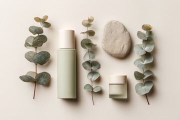 Minimalist composition featuring green skincare bottles, a smooth stone, and eucalyptus leaves on soft beige background