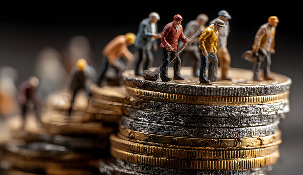Miniature Figures Representing Social Inequality Stacked on Coins Highlighting Economic Disparities in Society