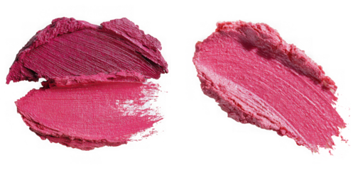 Two distinct swatches of shimmery pink and purplishred lipstick are elegantly displayed against a pure transparent background