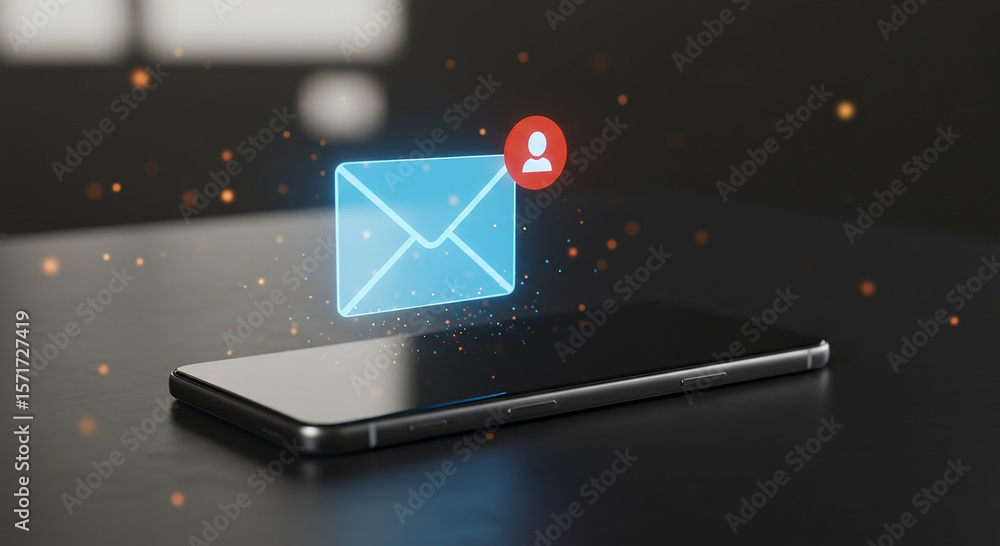Poster a smartphone displaying a holographic email notification with a red person icon alert badge near it