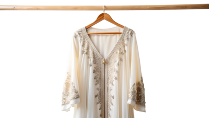 a wedding abaya  with henger on white background