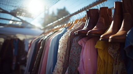 Obraz premium Vintage clothing and shoes displayed at an outdoor market on a sunny day