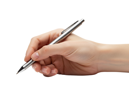 Close-up of a hand holding a silver pen, poised for writing or sketching, isolated on a white background.  Perfect for concepts of writing, creativity, ideas, and communication. - Powered by Adobe