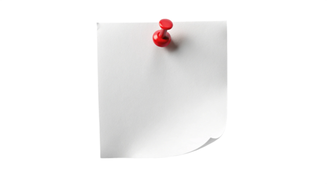 blank note paper with push pin on white background