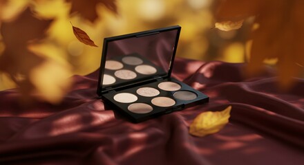 Autumn-inspired six-pan eyeshadow palette on burgundy fabric with falling golden leaves, Ai generated Images