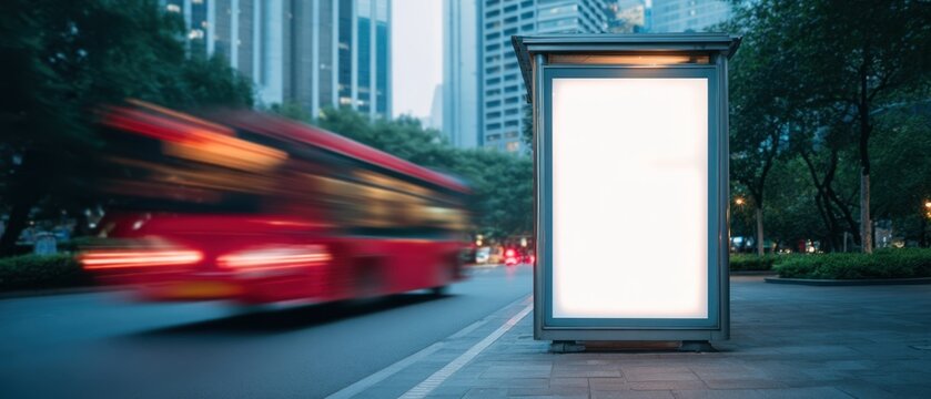 The bus stop in a bustling city with a blank advertisement space.