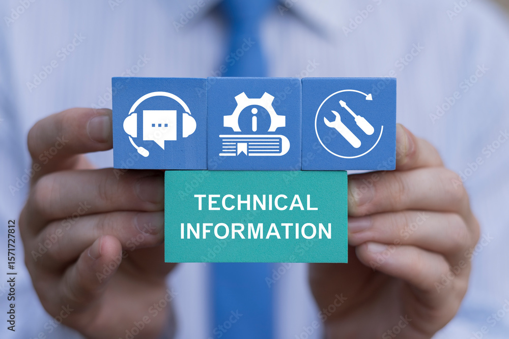Poster business person holding colored blocks with icons sees text: technical information. technical inform
