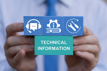 Business person holding colored blocks with icons sees text: TECHNICAL INFORMATION. Technical...