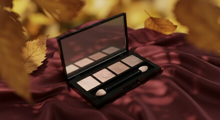 Elegant autumn makeup concept with neutral palette on burgundy cloth and golden leaf motion, Ai generated Images