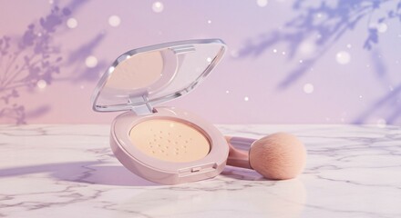 Elegant light pink square powder compact with soft brush on marble surface and lavender-pink background, Ai generated Images