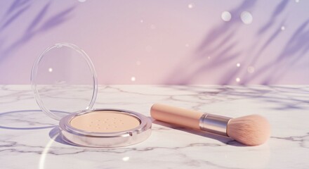 Soft light pink compact powder with clear lid and fluffy brush on white marble with floral shadow backdrop, Ai generated Images