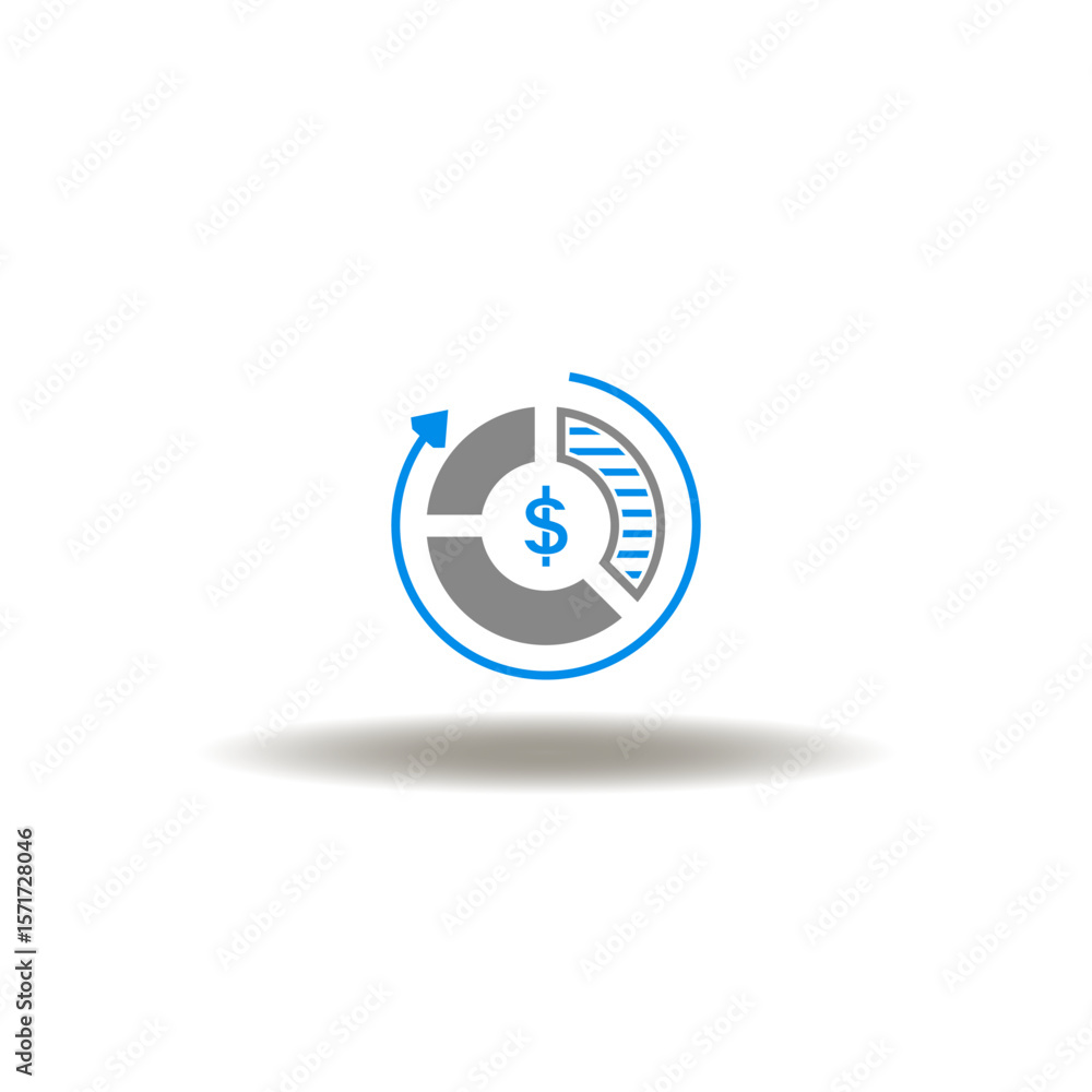 Poster vector illustration of round diagram with sectors with dollar currency and round arrow. symbol of co