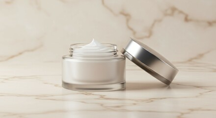 Frosted glass jar with white cream swirl and silver lid on light beige marble surface, Ai generated Images