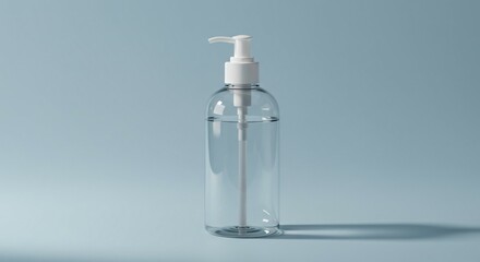 Transparent plastic bottle with white pump and clear liquid on pastel blue background, Ai generated Images