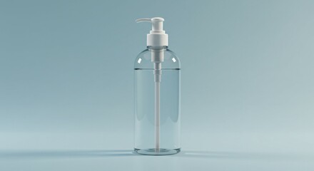 Minimalist clear plastic bottle with white pump filled with clear liquid on light blue pastel background, Ai generated Images
