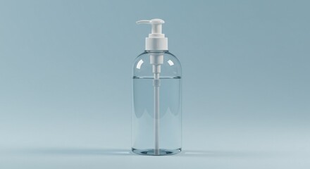 Skincare clear plastic pump bottle filled with transparent liquid on blue surface and background, Ai generated Images