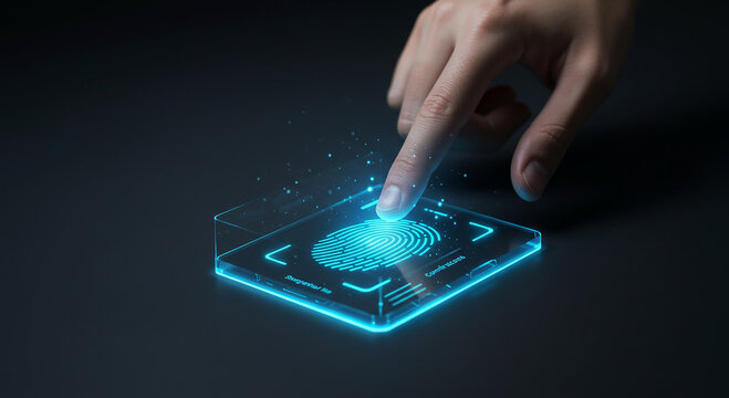 Finger pressing on glowing fingerprint scanner with futuristic interface on dark background - Powered by Adobe