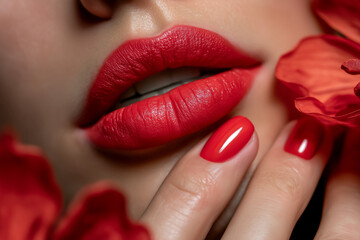 Naklejka premium Stylish woman lips with ruby coloured nails and lipstick