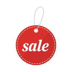 Red circular sale tag with white string isolated on transparent background