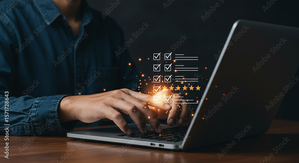 Aufkleber person using laptop with digital checklist and star rating interface overlayed on the screen view