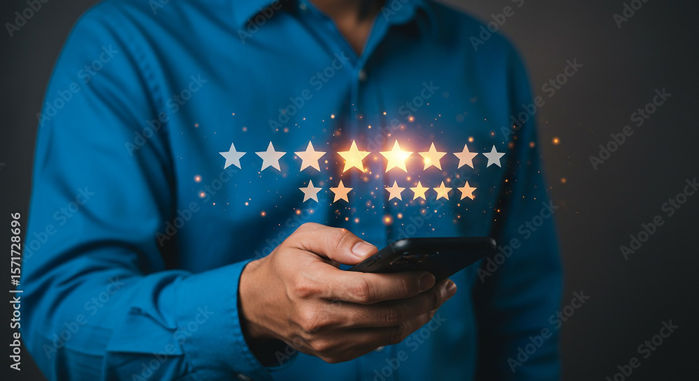 Poster man holding phone with glowing stars indicating rating or review on a dark background image