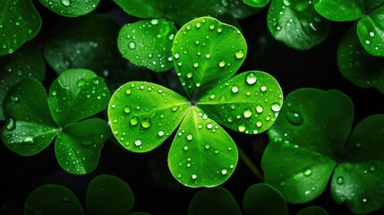 Fresh green four-leaf clover on dark background, St. Patricks Day luck.