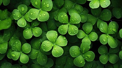 Vibrant Field of Lush Green Four-Leaf Clovers Glistening in the Sunlight