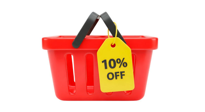 Red Shopping Basket with 10% OFF Yellow Tag on White Background