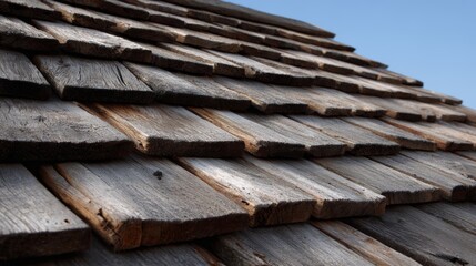 Rustic aged wood shingle roofing texture under clear blue sky for architectural design.
