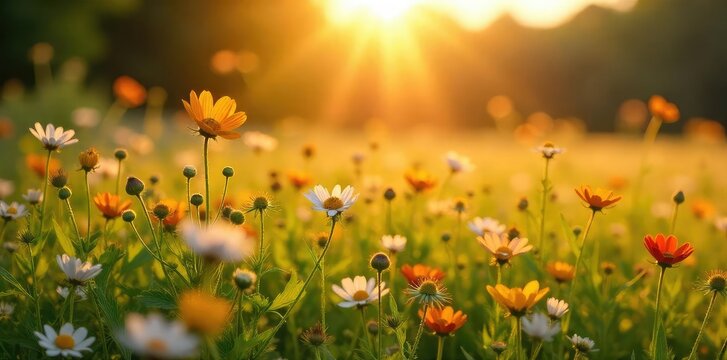 Golden hour sunlight bathes a vibrant meadow in summer, wildflowers swaying gently in a warm breeze Perfect for travel, nature, and summer themes , breeze, beauty, grass