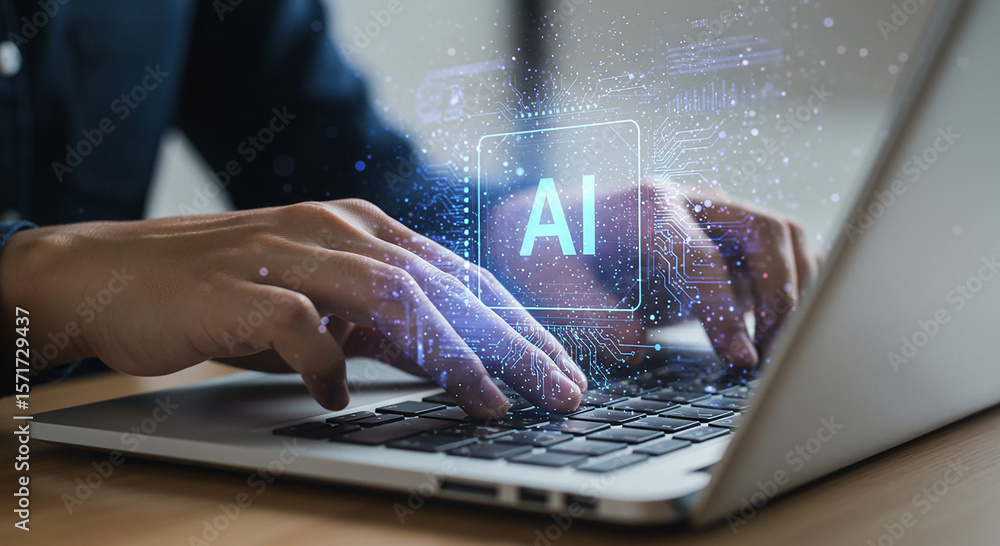 Poster person typing on a laptop with an ai graphic overlay representing artificial intelligence concept