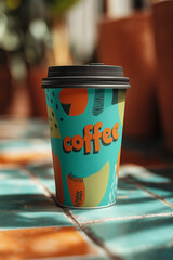 Colorful coffee cup with artistic design placed on vibrant tiled surface