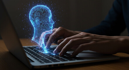 Person typing on laptop with ai hologram projection of human head with circuit board design