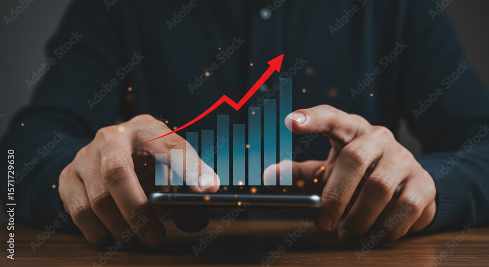 Poster person holding phone with upward trending bar graph and red arrow overlayed on the screen display