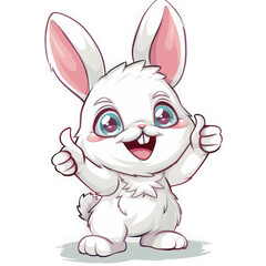 An adorable cartoon bunny gives two enthusiastic thumbs up, radiating joy and positivity isolated on transparent background